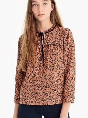 J.crew Point Sur Brown Blacl Floral Silk Longsleeve Blouse Size XXL